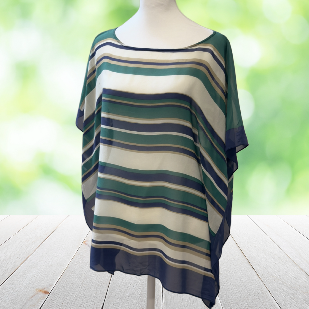 TALBOTS Silk Scarf Top Sheer Blouse Striped Flowy Blue Green Draped Size S/M